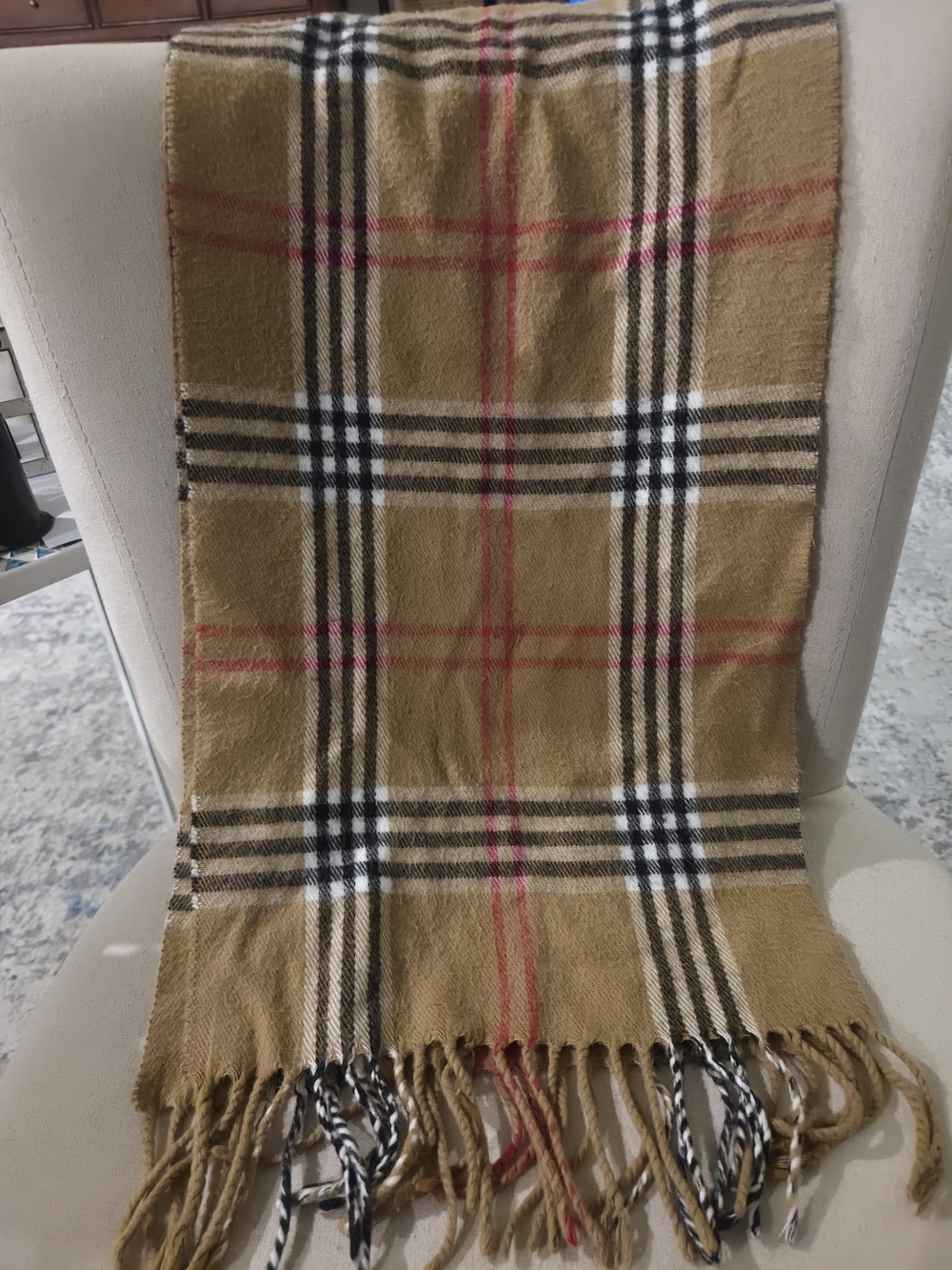 Classic Tan Plaid Fringe Throw Scarf